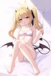  1girl absurdres ass barefoot bed_sheet black_horns black_tail black_wings blonde_hair blue_archive blush bra collarbone commentary demon_horns demon_tail demon_wings full_body halo highres horns ibuki_(blue_archive) knees_together_feet_apart long_hair open_mouth panties pillow pointy_ears sitting solo tail toes twintails underwear underwear_only usagi_(786113654) white_bra white_panties wings yellow_eyes yellow_halo 