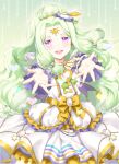  1girl :d blush cowboy_shot dress forehead_jewel foreshortening frilled_dress frills green_background green_hair hands_up headphones heart jewlie_(pripara) long_hair looking_at_viewer low-tied_sidelocks open_mouth outstretched_arms pretty_series pripara purple_eyes reaching reaching_towards_viewer smile solo standing unya_(unya-unya) very_long_hair white_dress 