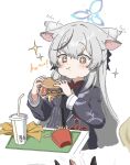  1girl :t animal_ears black_dress black_jacket blue_archive blush burger cheek_bulge chewing cowlick cross-shaped_pupils double-parted_bangs dress drinking_straw ear_wiggle eating food french_fries grey_hair hair_between_eyes halo highres holding holding_food jacket kokona_(blue_archive) long_hair off_shoulder sparkling_aura striped_clothes striped_dress symbol-shaped_pupils tiger_ears uni_gyoza vertical-striped_clothes vertical-striped_dress white_background yellow_eyes 