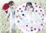 1boy 1girl artist_name bare_shoulders black_hair blue_eyes blue_hair boku_no_kokoro_no_yabai_yatsu bouquet bow bowtie breasts brown_eyes collarbone copyright_notice dark_blue_hair diadem dress elbow_gloves end_card flower from_above gloves holding holding_bouquet holding_hands ichikawa_kyoutarou jewelry long_hair looking_at_viewer medium_breasts mole mole_on_neck multiple_moles necklace official_art pants red_flower red_rose rose sakurai_norio shirt short_hair smile standing strapless strapless_dress suit tuxedo vest wedding_dress white_bow white_bowtie white_dress white_gloves white_pants white_shirt white_suit white_vest yamada_anna 
