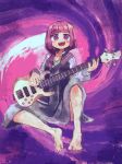  1girl :d @_@ absurdres barefoot bass_guitar blunt_bangs blush bocchi_the_rock! dolphilia dress full_body green_dress guitar guitar_strap highres hiroi_kikuri holding holding_guitar holding_instrument instrument jacket looking_at_viewer multicolored_clothes multicolored_jacket no_nose open_mouth psychedelic purple_background purple_hair sharp_teeth sitting smile solo spiral_background tareme teeth two-tone_jacket 