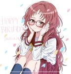  1girl blue_socks blush brown_eyes closed_mouth commentary_request confetti dated glasses hands_on_own_cheeks hands_on_own_face happy_birthday head_rest highres kneehighs knees_up long_hair long_sleeves mie_ai neckerchief pleated_skirt red-framed_eyewear red_hair red_sailor_collar red_skirt sailor_collar school_uniform shirt sitting skirt smile socks solo sukinako_ga_megane_wo_wasureta to9_722 white_background white_shirt yellow_neckerchief 