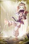  1girl absurdres ahoge animal_ears bag barefoot blurry blurry_foreground chinese_commentary commentary_request dougi fang fish full_body highres kuma-bound low_twintails mouse_ears open_mouth original outdoors pants red_eyes shoulder_bag skin_fang soles solo standing standing_on_one_leg toes twintails wading white_pants 