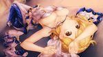  absurdres ahoge arched_back armpits arms_up bangs bare_arms bare_shoulders blonde_hair blush braid breasts brown_eyes choker cleavage closed_mouth commentary_request covered_navel crown_braid detached_sleeves djeeta_(granblue_fantasy) dress dutch_angle elysian_(granblue_fantasy) foreshortening from_behind full_body granblue_fantasy high_heels highres indoors long_hair looking_back lying medium_breasts on_back on_floor shoes sleeves_removed solo strapless strapless_dress tareme tile_floor tiles wakaba_(945599620) white_choker white_dress white_footwear 