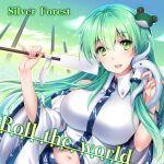  1girl album_cover blue_trim breasts circle_name cloud collared_shirt cover detached_sleeves english_text frog_hair_ornament game_cg gohei green_eyes green_hair green_sky hair_ornament hand_in_own_hair holding holding_gohei kochiya_sanae large_breasts long_hair midriff official_art petting pillar rakujin shirt silver_forest single_hair_tube single_sidelock sleeveless sleeveless_shirt smile snake snake_hair_ornament solo teeth touhou touhou_cannonball white_shirt white_sleeves 