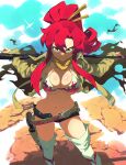  1girl aetherion belt bikini bikini_top_only bikini_under_clothes breasts cleavage groin gun hair_ornament highres jacket large_breasts long_hair navel no_shirt open_clothes open_jacket ponytail red_hair scarf short_shorts shorts smile solo swimsuit tengen_toppa_gurren_lagann thighhighs weapon yellow_eyes yoko_littner 