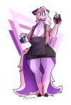 2023 3_toes 4_fingers anteater anthro apron artist_name beverage big_breasts bottomwear breasts cleavage clothed clothing collarbone colored digital_media_(artwork) feet female fingerless_(marking) fingers full-length_portrait fur geometric_background giant_anteater hair hi_res holding_beverage holding_object hotpants huge_breasts humanoid_hands long_hair looking_aside mammal pilosan pink_body pink_fur pink_hair pink_nose portrait purple_body purple_eyes purple_fur revenasurniak shaded shorts simple_background solo standing thick_thighs toes white_body white_fur wide_hips xenarthran