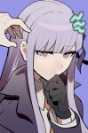  1girl 1other black_gloves black_ribbon bowknot_huhu close-up collared_shirt danganronpa:_trigger_happy_havoc danganronpa_(series) gloves hair_ribbon hand_on_own_chin jacket kirigiri_kyoko looking_at_viewer necktie purple_background purple_eyes purple_hair purple_jacket red_necktie ribbon ringed_eyes shirt simple_background thinking white_shirt 