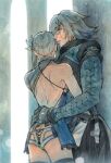  1boy 1girl ass back blue_eyes braid closed_mouth coat commentary_request english_commentary flower gloves grey_hair hair_flower hair_ornament highres hug kaine_(nier) kyo_okita lingerie long_hair medium_hair mixed-language_commentary nier nier_(series) nier_(young) single_bare_shoulder underwear 