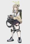  1girl absurdres black_gloves black_skirt blue_archive brown_jacket fingerless_gloves gar32 gatling_gun gloves green_eyes grey_background gun highres holding holding_gun holding_weapon jacket looking_at_viewer nonomi_(blue_archive) plaid shirt skirt solo weapon white_shirt 