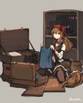  animal_ears artist_name boots boots_removed brown_hair folding_clothes grey_background holding_clothes kerchief knee_boots lansane long_hair long_sleeves luggage original pantyhose shelf shirt sitting skirt smile solo suitcase tail tsana_(lansane) vest wariza white_shirt wolf_ears wolf_tail wooden_floor wristband yellow_eyes 