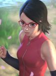  black_eyes black_hair blurry boruto:_naruto_next_generations clenched_hand depth_of_field detached_sleeves glasses gohpot highres lake lips naruto naruto_(series) petals short_hair signature solo uchiha_sarada upper_body 