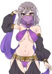  1girl :o bare_shoulders bikini black_sleeves bracelet breasts breasts_apart detached_sleeves dot_nose grey_hair hair_between_eyes harem_outfit highleg highleg_bikini idoly_pride jewelry kanzaki_rio large_breasts legs_together long_sleeves looking_at_viewer medium_hair mouth_veil navel open_mouth plum_(arch) purple_bikini purple_eyes purple_veil sidelocks simple_background solo stomach straight-on swimsuit teeth thigh_gap veil white_background 