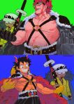  3boys abs bara bare_pectorals constricted_pupils cowboy_shot deformed eustass_kid facial_hair from_side girl_staring_at_guys_chest_(meme) goatee goggles goggles_on_head grin highres horns large_pectorals looking_ahead looking_at_another looking_at_pectorals male_focus meme monkey_d._luffy multiple_boys muscle_envy muscular muscular_male nipples o-ring o-ring_top official_alternate_costume one_piece over_shoulder pectorals percivore red_hair scar short_hair smile strongman_waist sword sword_over_shoulder tareme three_quarter_view toned toned_male trafalgar_law tsurime weapon weapon_over_shoulder wide-eyed yaoi 