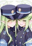  2girls absurdres black_hat black_jacket blue_archive blush buttons closed_mouth double-breasted earrings fang green_hair green_halo hair_between_eyes halo hat highlander_sidelocks_conductor_(blue_archive) highlander_twintails_conductor_(blue_archive) highres jacket jewelry kuromiz long_hair long_sleeves looking_at_viewer multiple_girls open_mouth peaked_cap pointy_ears sidelocks simple_background skin_fang smile twintails white_background yellow_eyes 