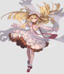  1girl alternate_costume artist_name bag blonde_hair blunt_bangs cagliostro_(granblue_fantasy) commentary_request detached_sleeves dress floating_clothes floating_hair frilled_dress frilled_sleeves frilled_socks frills full_body granblue_fantasy head_wreath headband highres long_hair off_shoulder outstretched_arms pota_(bluegutty) purple_eyes shoulder_bag signature silhouette smile socks solo twitter_username 