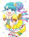  1girl :d blue_eyes blue_hair blush commentary_request frilled_thighhighs frills hair_bun hair_ornament hands_up idol_clothes leaning_forward looking_at_viewer multicolored_hair open_mouth pinon_(pripara) pretty_series pripara puffy_short_sleeves puffy_shorts puffy_sleeves purple_hair shirt short_sleeves shorts shouting_with_hands sidelocks single_side_bun smile solo standing star_(symbol) star_hair_ornament streaked_hair thighhighs unya_(unya-unya) white_background winding_key yellow_shirt 