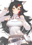  1girl alternate_costume animal_ears armpit_cutout bare_shoulders belt_buckle black_hair blush breasts buckle closed_mouth clothing_cutout commentary_request covered_navel hair_ornament hairpin highres hololive large_breasts leotard long_sleeves looking_at_viewer mitsuru_(pixiv_34028718) multicolored_hair ookami_mio puffy_long_sleeves puffy_sleeves red_hair shoulder_cutout simple_background skirt solo streaked_hair virtual_youtuber white_background white_leotard white_shrug white_skirt wolf_ears wolf_girl yellow_eyes 