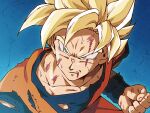  1boy blonde_hair blood clenched_hand clenched_teeth commentary_request crack cracked_floor derivative_work dougi dragon_ball highres injury masaki_kei meme pectorals sailor_moon_redraw_challenge_(meme) solo son_goku spiked_hair super_saiyan super_saiyan_1 teeth 