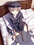  :o bangs bed bed_sheet beret between_legs black_dress black_hat black_legwear blue_eyes blurry blush breasts character_name clothes_writing covering covering_crotch depth_of_field dress from_above gloves hand_between_legs hat highres kantai_collection kneehighs knees_together_feet_apart kukuri_(ahagon) legs long_sleeves looking_up no_shoes on_bed open_mouth pillow pov sailor_dress shadow short_dress short_hair silver_hair sitting small_breasts solo_focus sweat tareme wariza white_gloves z1_leberecht_maass_(kantai_collection) 