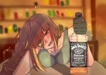  absurdres bad_source black_gloves blush bottle braid brown_eyes brown_hair eyepatch full-face_blush girls&#039;_frontline gloves green_shirt highres jack_daniel&#039;s long_hair looking_at_viewer m16a1_(girls&#039;_frontline) mole mole_under_eye open_mouth shirt solo source_request table tank_top wine_bottle 