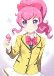  1girl blush bow bowtie closed_mouth collared_shirt commentary_request cowboy_shot hair_bow hand_up holding_ticket jacket kirarigaoka_middle_school_uniform kiratto_pri_chan long_hair long_sleeves looking_at_viewer momoyama_mirai pink_bow pink_bowtie pink_hair pleated_skirt ponytail pretty_series purple_eyes school_uniform shirt sidelocks skirt smile solo sparkle standing unya_(unya-unya) white_background white_shirt white_skirt yellow_jacket 