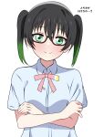  1girl absurdres arms_under_breasts bespectacled black-framed_eyewear black_hair blue_skirt closed_mouth collared_shirt commentary_request crossed_arms glasses gradient_hair green_eyes green_hair hair_between_eyes highres looking_at_viewer love_live! love_live!_nijigasaki_high_school_idol_club multicolored_hair neck_ribbon nijigasaki_academy_school_uniform pink_ribbon ribbon school_uniform shinonome_sakura shirt short_sleeves sidelocks skirt smile solo summer_uniform takasaki_yu translation_request twintails upper_body white_background 
