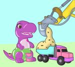 animate_inanimate anthro backhoe_(vehicle) bucket container diaper dinosaur dirt dumping dumptruck excavator inflatable living_inflatable male mouffetter open_mouth pool_toy reptile scalie solo theropod tyrannosaurid tyrannosauroid tyrannosaurus tyrannosaurus_rex zoran