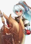  1girl android blue_hair blush cable charge_blade highres labrys monster_hunter persona persona_4:_the_ultimate_in_mayonaka_arena ponytail red_eyes school_uniform shield sowel_(sk3) sword trait_connection weapon 