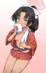  1girl black_hair blue_archive blush breasts covered_mouth cowboy_shot halo highres itou_yuuji looking_ahead medium_breasts medium_hair no_bra no_panties ponytail rickshaw_student_(blue_archive) solo sweat towel towel_around_neck very_sweaty wiping_sweat yellow_eyes 