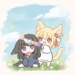  2girls animal_ears black_hair blonde_hair blue_sweater blush bob_cut border cat_ears cat_girl cat_tail commentary fading_border flower flower_wreath hair_ribbon hanaya_102 highres holding holding_flower inoue_takina kemonomimi_mode long_hair lycoris_recoil multiple_girls nishikigi_chisato one_side_up purple_eyes red_eyes red_ribbon ribbon short_hair sidelocks sitting standing sweater symbol-only_commentary tail white_sweater 