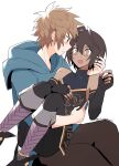  2boys absurdres black_gloves black_hair blush boots brown_eyes brown_hair carrying commentary_request dark-skinned_male dark_skin elbow_gloves eyelashes fingerless_gloves gloves gran_(granblue_fantasy) granblue_fantasy hair_between_eyes highres jamil_(granblue_fantasy) knee_boots looking_at_another male_focus multiple_boys open_mouth otoko_no_ko princess_carry profile scar scar_on_face scar_on_shoulder short_hair simple_background sitting sleeveless surprised sweat urjuwanwan white_background white_scars wide-eyed yaoi yellow_eyes 