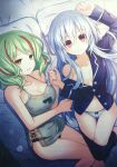  2girls absurdres bed black_panties breasts cleavage fairy_fencer_f fleur_(fairy_fencer_f) green_hair highres large_breasts long_hair medium_breasts multiple_girls non-web_source official_art on_bed pajamas panties pillow pink_eyes short_hair smile thighs tiara_(fairy_fencer_f) tsunako underwear white_hair white_panties yellow_eyes 
