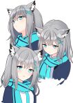  1girl :d absurdres animal_ear_fluff animal_ears blue_archive blue_eyes blue_jacket blue_necktie blue_scarf closed_mouth collared_shirt criss-cross_halter cropped_torso grey_hair hair_between_eyes halterneck highres jacket kamu_kotan light_blush long_sleeves looking_at_viewer medium_hair mismatched_pupils multiple_views necktie no_halo open_clothes open_jacket scarf shiroko_(blue_archive) shirt sidelocks simple_background smile striped_clothes striped_scarf upper_body white_background white_shirt wolf_ears 