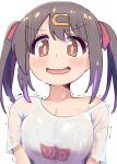  1girl absurdres blush breasts brown_eyes brown_hair cleavage collarbone hair_ornament hairclip highres large_breasts looking_at_viewer multicolored_hair onii-chan_wa_oshimai! open_mouth oyama_mihari purple_hair see-through see-through_shirt shiina_excel shirt short_hair short_twintails simple_background solo streaked_hair sweat twintails upper_body wet wet_clothes wet_shirt white_background white_shirt 