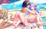  2girls angora_rabbit animal ass bare_arms bare_legs bare_shoulders barefoot beach bikini blue_eyes blue_flower blue_hair blush bottle bucket day fingernails flower food frilled_bikini frills fuiba_fuyu gochuumon_wa_usagi_desu_ka? hair_flower hair_ornament hehehzb highres kafuu_chino long_hair lotion multiple_girls navel ocean open_mouth outdoors parasol pocky purple_eyes purple_flower purple_hair rabbit sand short_hair soles sunscreen swimsuit tippy_(gochiusa) toes umbrella yellow_bikini yellow_flower yuri 