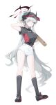  1girl absurdres alternate_costume baseball_bat belt black_belt black_footwear black_horns black_shirt black_socks blue_archive blush breasts collared_shirt demon_horns full_body grey_eyes grey_hair grin halo highres holding holding_baseball_bat horns large_breasts long_hair looking_at_viewer makoto_(blue_archive) meunhongcha multiple_horns red_halo shirt shoes short_sleeves shorts simple_background smile socks solo white_background white_shorts 