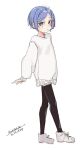  1girl :o black_leggings blue_eyes blue_hair dated eyelashes full_body leggings leggings_under_shorts looking_at_viewer maze_(gochama_ze_gohan) original parted_bangs shoes short_hair short_shorts shorts signature simple_background solo standing sweater white_background white_footwear white_sweater 