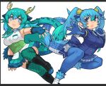  2girls bare_shoulders belt black_footwear blue_dragon_(kemono_friends) blue_eyes blue_gloves blue_hair blue_jacket blue_necktie blue_pantyhose blue_shirt blue_skirt blue_socks blue_thighhighs blush boots cherry_blossoms collared_shirt dragon_ears dragon_girl dragon_horns dragon_tail extra_ears fang fingerless_gloves fishnet_gloves fishnet_thighhighs fishnets frilled_gloves frilled_skirt frilled_socks frilled_thighhighs frills garter_straps gloves green_belt hair_between_eyes horns jacket japari_symbol kemono_friends loafers long_hair long_sleeves multiple_girls necktie open_mouth pantyhose pleated_skirt rinx seiryuu_(kemono_friends) shirt shoes sidelocks skirt sleeveless smile socks tail thighhighs twintails two-tone_skirt white_footwear white_necktie 