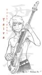  1boy abs bass_guitar beck character_name greyscale instrument male_focus monochrome music_man_stingray naru_lin_10969 nipples playing_bass short_hair simple_background smile solo taira_yoshiyuki topless_male white_background 