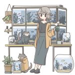  1girl black_footwear brown_hair closed_mouth collarbone cup fish fish_tank fishbowl highres holding holding_cup long_skirt long_sleeves looking_at_viewer original short_hair skirt slippers solo tameikirakuda 