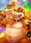 belly bowser bowser_jr. collar duo fangs father_(lore) father_and_child_(lore) father_and_son_(lore) koopa male mario_bros navel nintendo ocaritna parent_(lore) parent_and_child_(lore) parent_and_son_(lore) pecs scalie slightly_chubby smile son_(lore) spiked_collar spiked_wristband spikes teeth