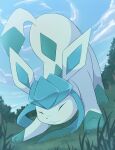 2024 ambiguous_gender ass_up black_nose blue_body blue_inner_ear blue_sky blue_tail cloud day eeveelution eyes_closed feral generation_4_pokemon glaceon grass hi_res light_body nintendo plant pokemon pokemon_(species) quadruped rumine sky solo tail