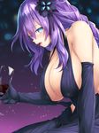  alcohol black_dress braid breasts champagne_flute cleavage collarbone commentary_request covered_nipples cup dress drink drinking_glass elbow_gloves flower gloves hair_flower hair_ornament highres kami_jigen_game_neptune_v large_breasts long_hair looking_at_viewer looking_to_the_side neptune_(series) oekakizuki purple_hair purple_heart shiny shiny_hair shiny_skin solo symbol-shaped_pupils tied_hair twin_braids very_long_hair wine 