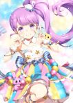  1girl :d bare_shoulders bird_hair_ornament blunt_bangs blush commentary_request detached_collar double_v dress hair_ornament hands_up idol_clothes long_hair looking_at_viewer manaka_non open_mouth pretty_series pripara purple_eyes purple_hair side_ponytail smile solo standing standing_on_one_leg star_(symbol) star_print strapless strapless_dress unya_(unya-unya) v wrist_cuffs 