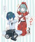  2girls asahi_(uwa) blue_eyes blue_hair bow front_ponytail green_hat hair_bow hair_ribbon holding jewelry kagiyama_hina kawashiro_nitori key key_necklace multiple_girls necklace puffy_pants puffy_short_sleeves puffy_sleeves red_bow red_ribbon red_shirt ribbon shirt short_sleeves smile touhou 