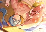  1girl blue_eyes blue_hair blue_nails blurry commentary_request depth_of_field fingernails floral_print flower hair_flower hair_ornament hatsune_miku highres japanese_clothes kazari_hisa kimono long_hair looking_at_viewer lying on_back signature smile solo sunlight twintails upside-down vocaloid 