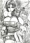  1girl breasts bursting_breasts capcom cleavage clothes_around_waist fingerless_gloves gloves gun handgun huge_breasts jill_valentine large_breasts lips monster nemesis pencil_skirt pistol resident_evil resident_evil_3 sawao short_hair sketch skidrow skirt strapless sweat sweater_around_waist tubetop weapon white_background zombie 