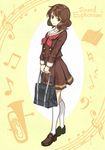  bag bass_clef beamed_eighth_notes brown_eyes brown_footwear brown_hair brown_serafuku brown_skirt eighth_note euphonium full_body half_note head_tilt hibike!_euphonium highres holding holding_bag instrument kneehighs loafers looking_away musical_note nakashima_(pluscolor) natural_sign neckerchief oumae_kumiko pleated_skirt quarter_note quarter_rest red_neckwear sailor_collar school_bag school_uniform serafuku shoes short_hair skirt smile socks solo staff_(music) standing title treble_clef wavy_hair white_legwear white_sailor_collar yellow_background 