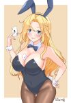  1girl :d ace_(playing_card) ace_of_hearts ace_of_spades animal_ear_hairband animal_ears backless_leotard bare_shoulders between_breasts black_leotard black_pantyhose blonde_hair blue_bow blue_eyes blush bow bowtie breasts card card_between_breasts cleavage commentary_request covered_navel cowboy_shot curly_hair detached_collar fake_animal_ears grin hairband hand_on_own_hip hand_up heart highres hip_focus holding holding_card hornet_(kancolle) kantai_collection large_breasts leotard long_hair looking_at_viewer pantyhose parted_lips playboy_bunny playing_card rabbit_ears rabbit_tail signature smile solo spade_(shape) tail thigh_gap very_long_hair wrist_cuffs yatsurugi 